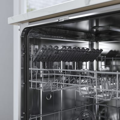 Open dishwasher with steam barrier adhesive on top.