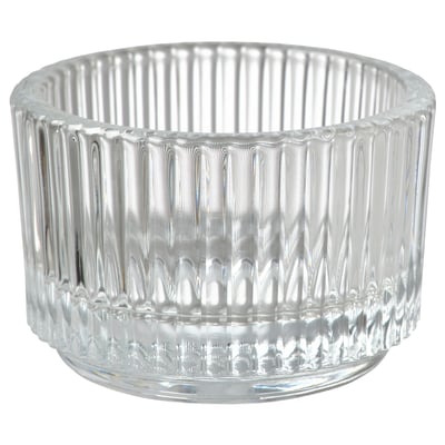 FINSMAK clear glass tealight holder, ribbed design, stackable, elegant.