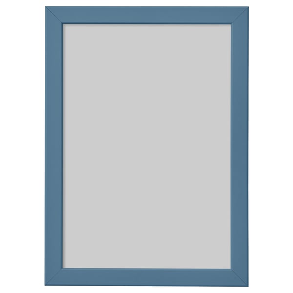 A blue square FISKBO picture frame. Its simple and modern with a plastic front for safety.