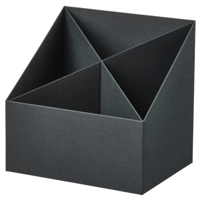 A FJÄDERHARV cube organiser, dark grey, made of recycled paperboard with four compartments for desk storage.