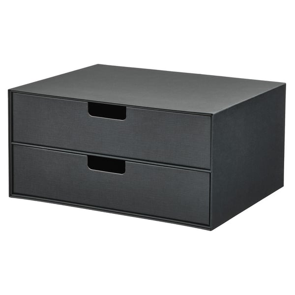 Black FJÄDERHARV mini chest with 2 drawers, made of recycled paperboard, rectangular shape, simple design.