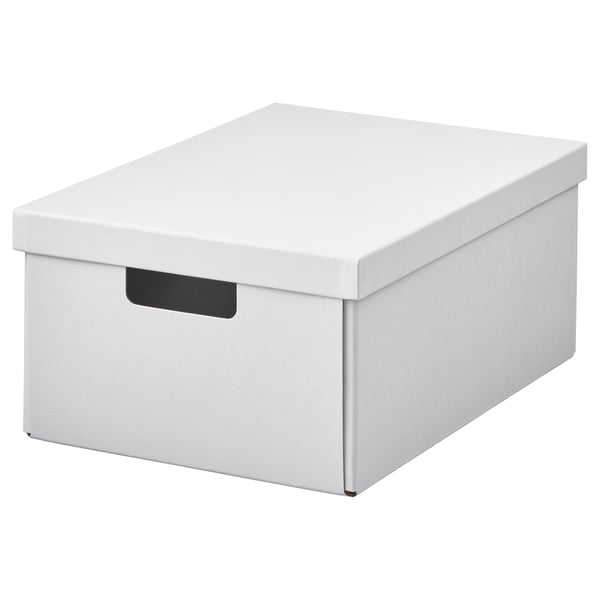 White FJÄDERHARV storage box, rectangular shape, sturdy recycled paper & paperboard, lid, cut-out handle.