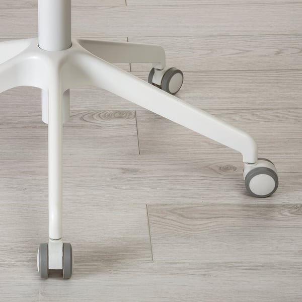 Five-wheeled office chair base, two castors visible on light wooden floor. High resilience foam and safe pressure-sensitive brake castors.