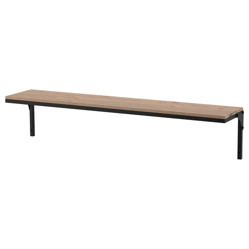 FJÄLLBO rustic wall shelf, natural wood & black metal, rectangular.