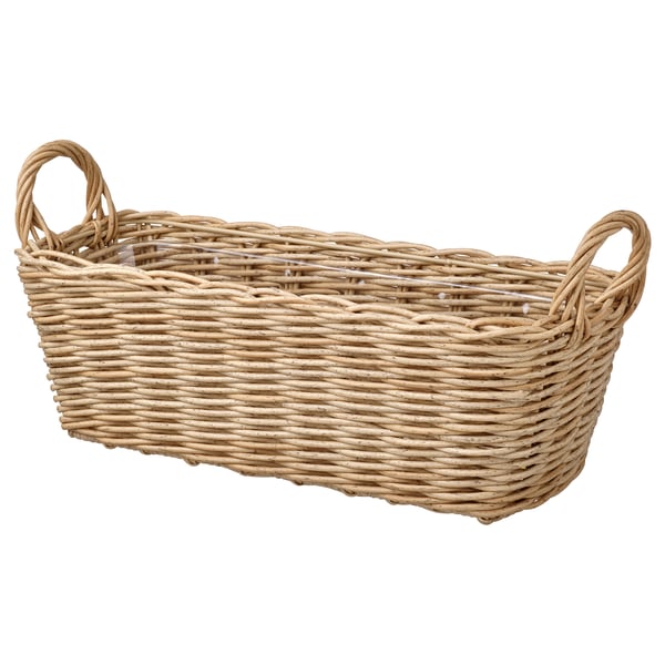 Handwoven light brown rectangular basket with handles.