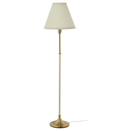 FLYGHÖJD brass floor lamp, beige shade. Classic design, elegant, warm light.