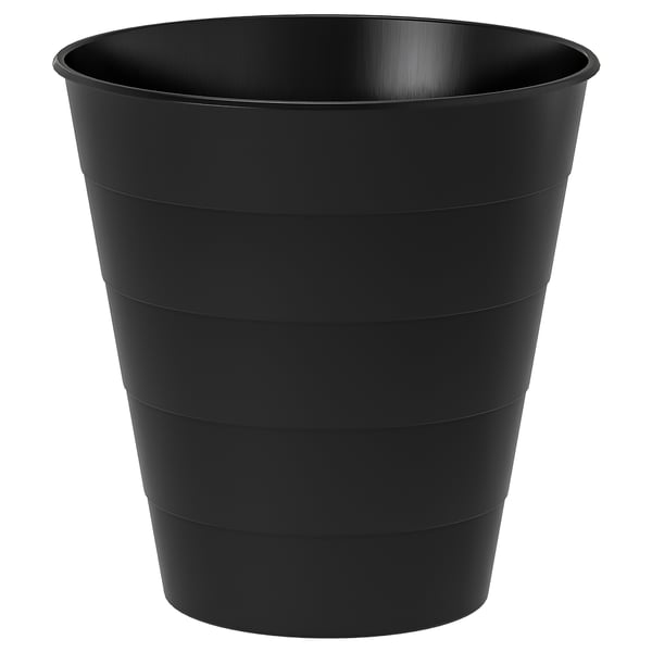 A black FNISS rubbish bin made of durable recycled plastic, with a simple, smooth, rounded shape.