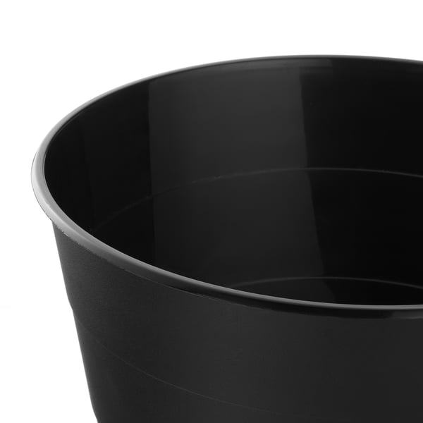 Black round plastic bin, smooth surface, sturdy build.