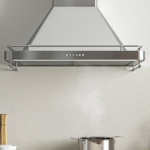 Modern stainless hood with led lights, control panel, and integrated spice rack.