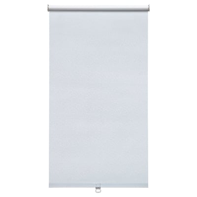 White roller blind with subtle pattern; blocks light, cordless for safety.