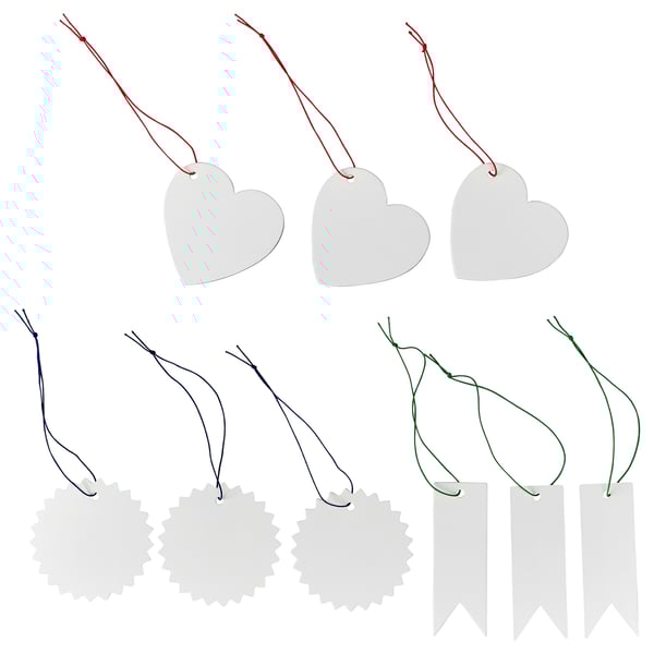 Seven white tags in heart, star, and banner shapes with colourful strings for hanging.
