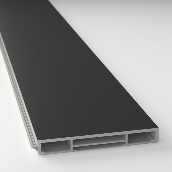 Black kitchen plinth with smooth, recycled plastic finish, designed for durability and clean look.