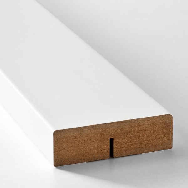 A sleek wooden shelf bracket on a white surface.