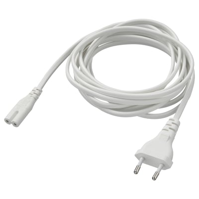 A white, coiled FÖRNIMMA power cord with a european plug, made of pvc plastic.