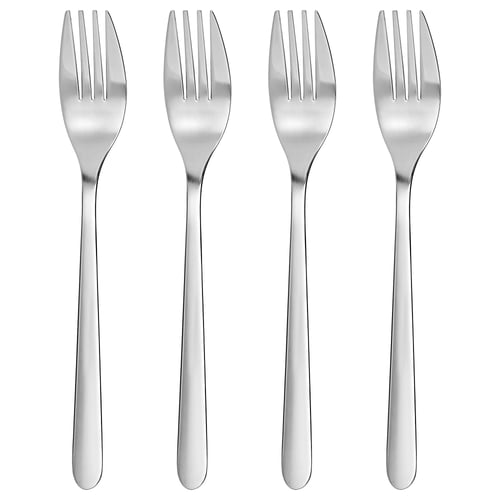 Four sleek, stainless-steel forks arranged neatly, modern design, excellent for table settings.