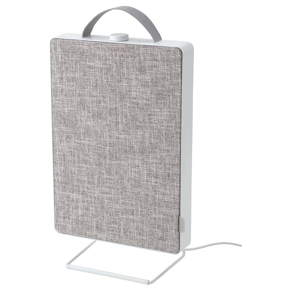 A white FÖRNUFTIG air purifier with a grey fabric front, standing on a metal stand. It has a modern, rectangular design with a handle on top.