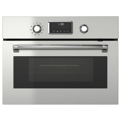 Stainless steel oven and microwave combo with digital display and knobs for cooking and baking.