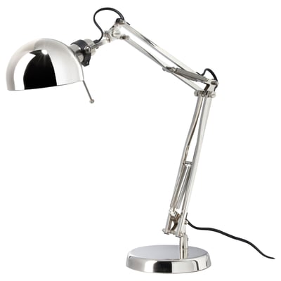 A chrome forsa desk lamp with an adjustable arm and dome-shaped shade.