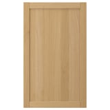 Natural wood cabinet door with bevelled edges.