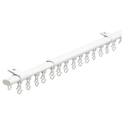A white FRAMFUSIG curtain rod set with adjustable hooks, designed for easy curtain hanging.