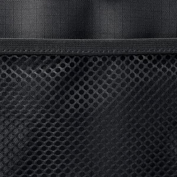 Black lunch bag with mesh pocket, robust handles, and insulated interior.