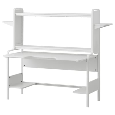 FREDDE white gaming desk, steel and particleboard, contoured top, adjustable shelves, cable management.