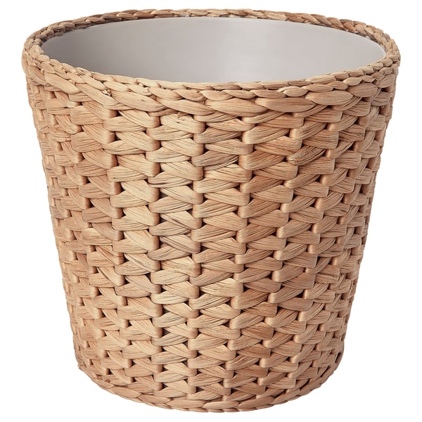 Handwoven cylindrical basket, natural beige, water hyacinth, intricate lattice design, inner liner.