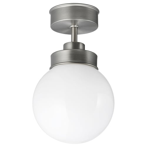 FRIHULT silver ceiling light with round white glass globe.