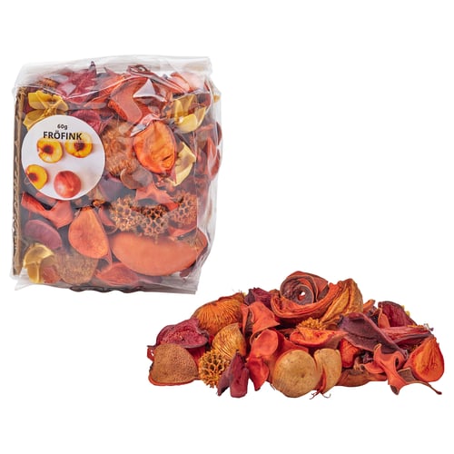Bag and pile of dried orange-red flowers and plant parts, labelled FRÖFINK.