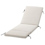 Beige outdoor sun lounge cushion with zip and ties, rectangular shape, lightweight, water-repellent fabric.