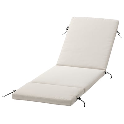 Beige outdoor sun lounge cushion with zip and ties, rectangular shape, lightweight, water-repellent fabric.