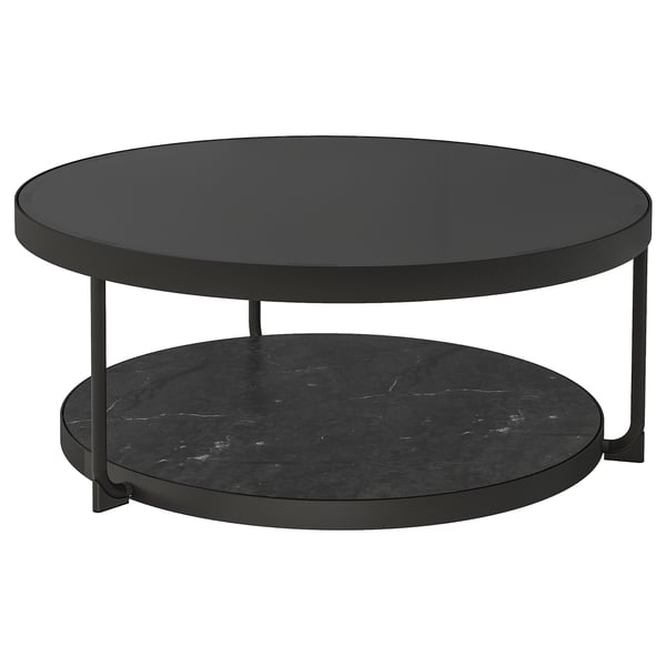 Round black coffee table with smoked glass top and marble-effect bottom shelf, supported by sleek metal legs.