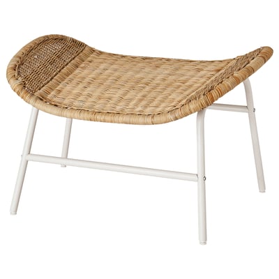 A white FRYKSÅS footstool with a woven rattan seat. It has a sleek, curved design and sturdy metal legs.