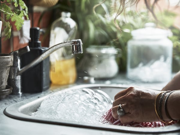 Person washing vegetables in a stainless steel sink under a running tap. The sink is surrounded by plants and various kitchen items.