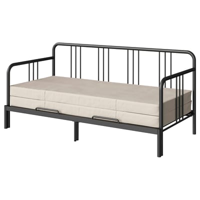 FYRESDAL: black metal day-bed with beige mattress, versatile design for guest or seating.