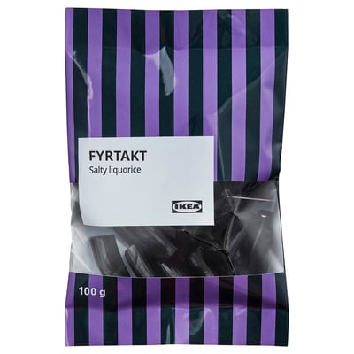 IKEA FYRTAKT salty liquorice candy bag, 100g, purple stripes.