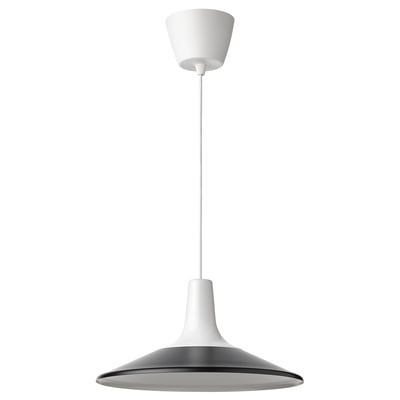 FYRTIOFYRA pendant lamp, black, plastic top, white cord, conical shade.