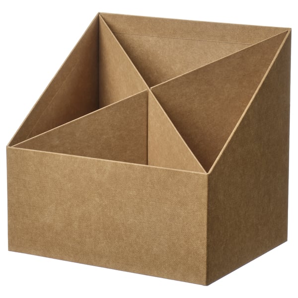 A brown paperboard GÄRDESGÅRD box with three compartments. Its square-shaped and neatly assembled.