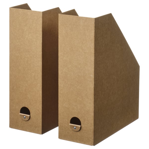 Two beige file holders for paper organisation, natural paperboard, sturdy upright shape.
