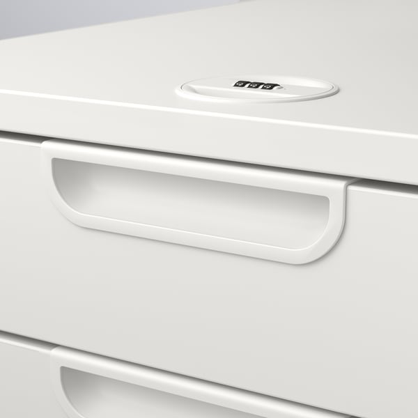 White desk drawer with sleek handle, featuring a combination lock for security.