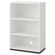 A white GALANT bookshelf with three shelves, designed for open storage and cable management, featuring a modern and minimalist design.