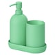 Colours: mint green. Materials: plastic. Shape: rounded. Design: bathroom set including soap dispenser and toothbrush holder with tray.