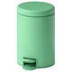 Green GANSJÖN metal rubbish can with foot pedal, smooth surface, cylindrical shape.
