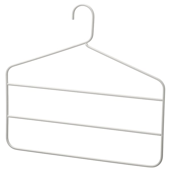 A grey GÅRDSMÄSTARE hanger, made of metal, designed to hang multiple pairs of trousers or skirts efficiently.