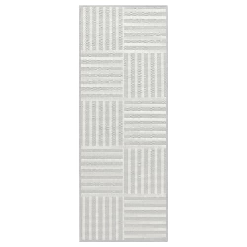 The GATUSEKTION mat is a grey and white striped, rectangular, machine-washable kitchen rug with a chequered pattern.