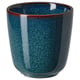 Ocean-blue stoneware mug, golden-brown rim, cylindrical shape, textured glaze. Ikea GLADELIG series.