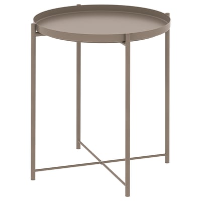 Round GLADOM tray table in beige. Light, modern design with removable tray and metal legs.