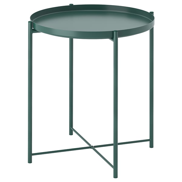 GLADOM round side table in green with removable tray, metal legs and frame. Easily portable.