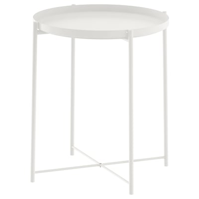 White GLADOM side table with removable tray, modern steel frame.
