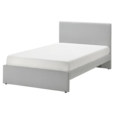 Modern grey upholstered bed, clean lines, padded headboard. Sleek & stylish design.